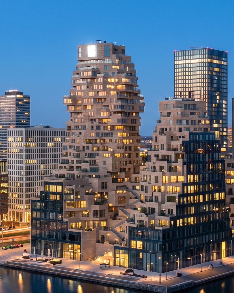 European waterfront business district at blue hour, floors lit and occupied